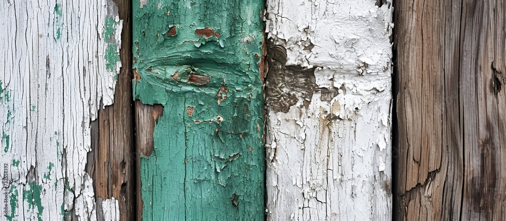 A detailed view of a wooden fence revealing peeling paint and worn-out texture on the surface.