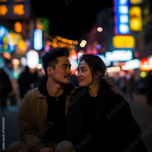 Couple man and girl against the backdrop of the night city