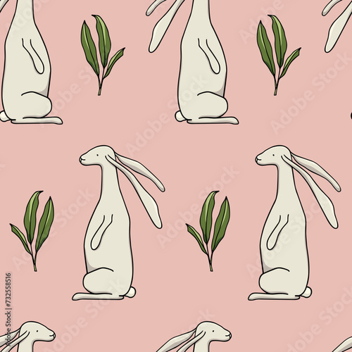 Vector seamless pattern with hand drawn sweet hares and green leafy twigs. Beautiful animal design elements, ink drawing, cartoon style. Perfect for Easter prints and patterns