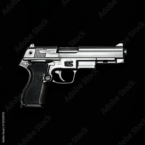 Semi-automatic handgun on a black background, View from above