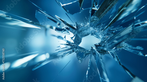 Sharp blue shards with a bullet hole in a dynamic and edgy abstract 3D composition. photo