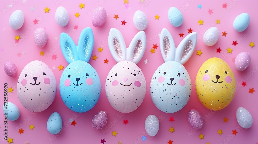 Easter Eggs with Smiley Faces and Bunny Ears on Pink Background Easter Eggs with Smiley Faces and Bunny Ears on Pink Background