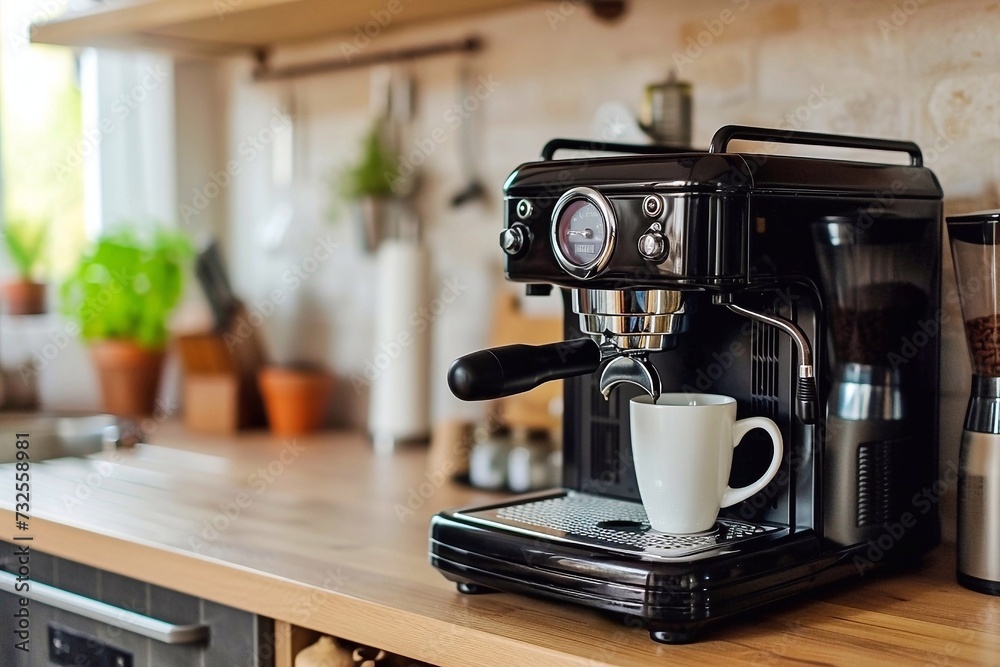 Coffee machine and coffee cup on wooden table in kitchen at home