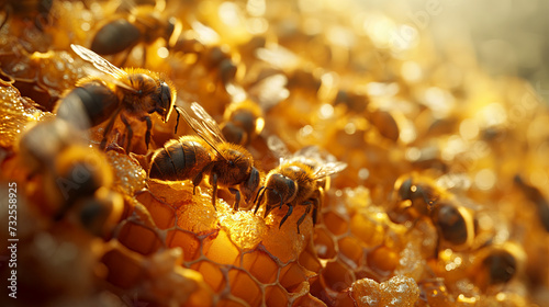 Honey bees store nectar on honeycombs. Wax, perga pollen and honey. photo