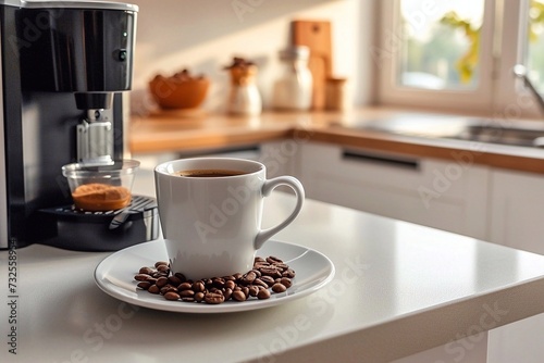 Coffee cup and coffee beans on white table in modern kitchen photo