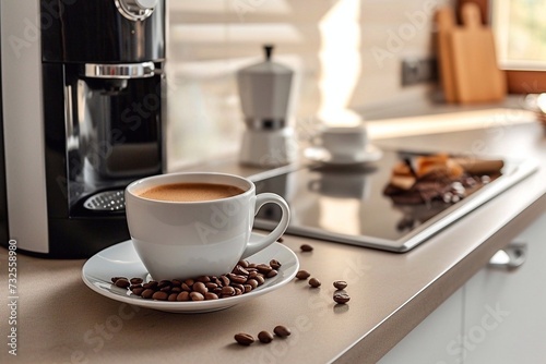 A cup of aromatic coffee with beans and a coffee maker on the table in the kitchen, close-up