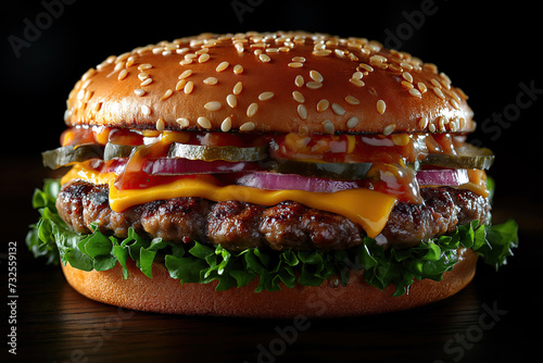 Close-up of a juicy, bright burger on a dark background. The concept of delicious food, varied menu and cooking recipes.