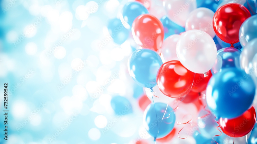 Holiday background with vibrant red, white, and blue balloons cluster against shimmering light blue backdrop with bokeh, capturing the joyous essence of an Independence Day celebration. Copy space - obrazy, fototapety, plakaty 