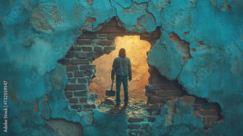 An imaginative scene of a person breaking through a brick wall with a sledgehammer, symbolizing perseverance, determination, and the ability to overcome obstacles in business and entrepreneurship photo