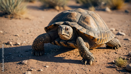 A close-up of a desert tortoise crawling on the ground with its front legs outstretched, observing the camera.