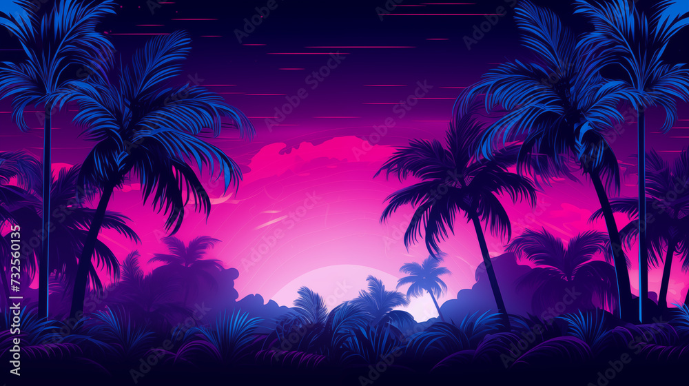 Neon Palm Trees against a Vibrant Pink Sunset Sky