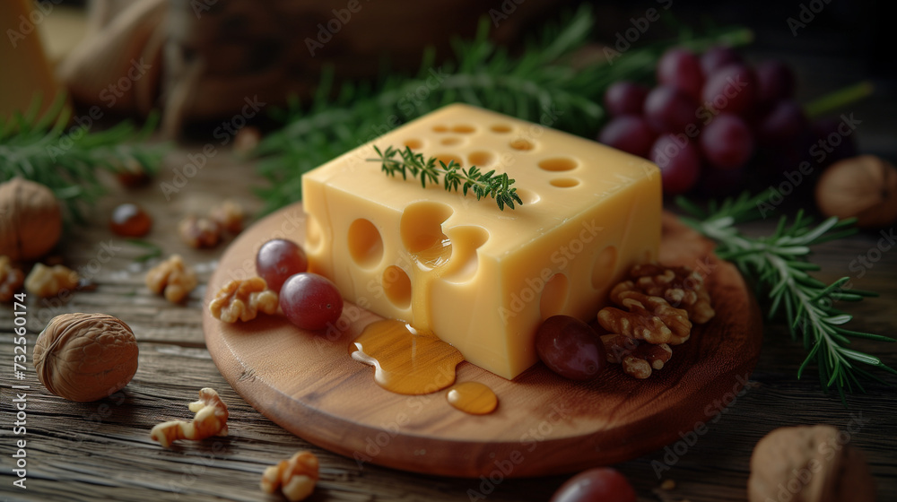 A lovely presentation of yellow gourmet cheese, served with nuts and grapes.