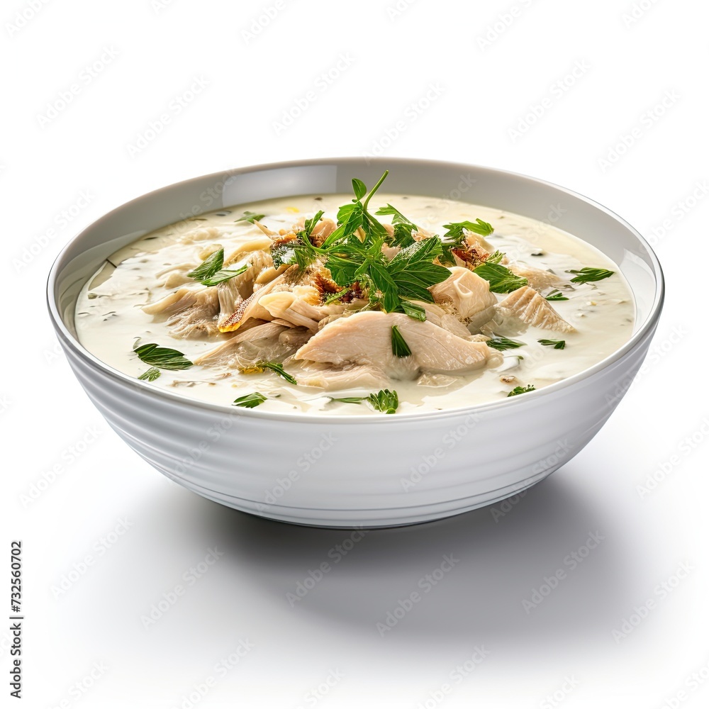 Cream soup with chicken isolated on white background Cream soup with chicken isolated on white background