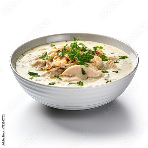 Cream soup with chicken isolated on white background
