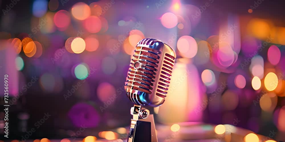 Studio microphone in neon lights. sound recording equipment on bokeh background. 4K Video