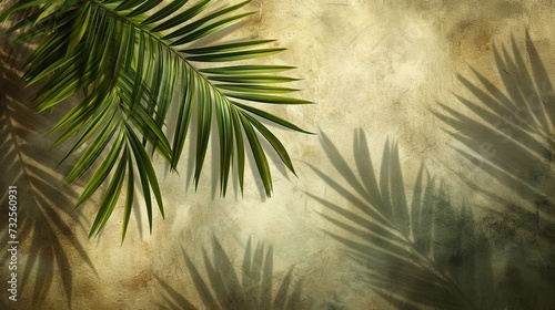 palm leaves casting shadows on a textured background. copy space