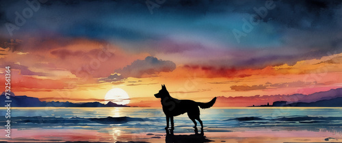 A black silhouette of a dog standing alone on an empty beach. The sunset is a beautiful sight. Illustration in watercolor style. © feelsogood
