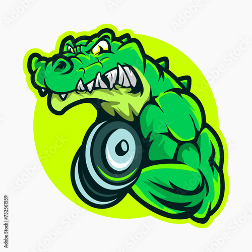 crocodile bodybuilder with dumbbell gym mascot logo