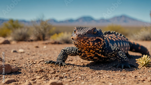 A close-up of a Gila monster lizard crawling on the ground with its front legs in motion, attentively observing the camera.  photo