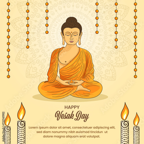 Vesak Day Creative Concept for Card or Banner. Vesak Day is a holy day for Buddhists. Happy Buddha Day with Siddhartha Gautama Statue Design Vector Illustration