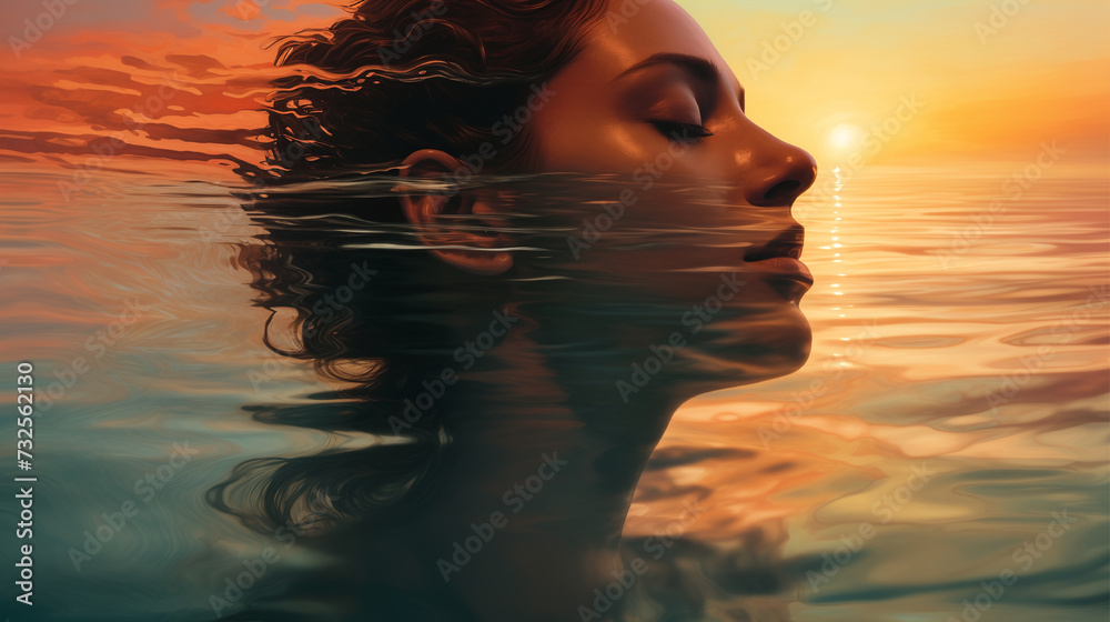 custom made wallpaper toronto digitalCaptivating sunset reflection with a flipped woman, hyper-realistic, dreamlike, and serene