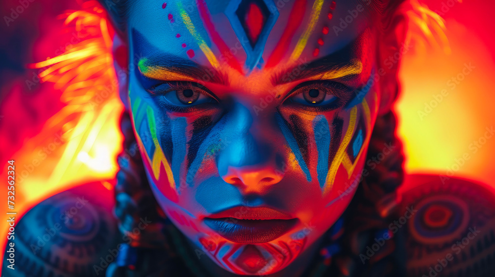 Neon Goddess: Vibrant Tribal Facepaint in Cinematic Glow