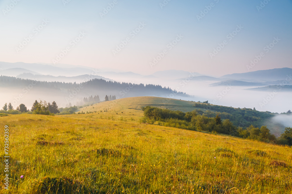 Peaceful view of the mountainous area with fog in the morning. Carpathian National Park, Ukraine, Europe.