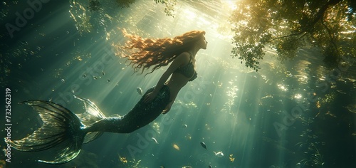 A mermaid swimming underwater with a magnificent tail illuminated by light rays. Concept: magic and mystery of the ocean depths, mythical creatures of the depths