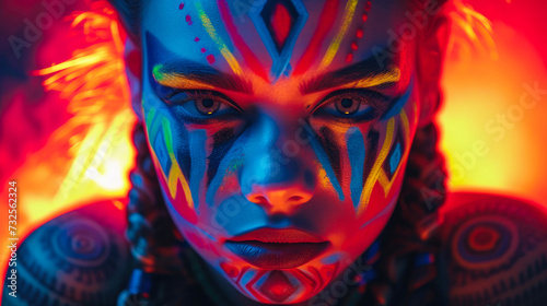 Neon Goddess  Vibrant Tribal Facepaint in Cinematic Glow