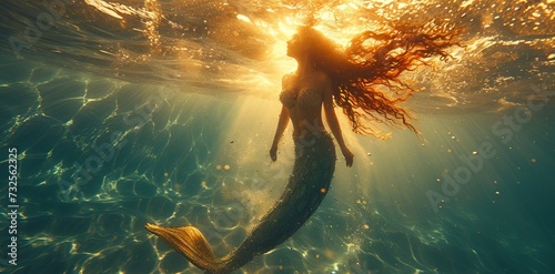 A mermaid swimming underwater with a magnificent tail illuminated by light rays. Concept: magic and mystery of the ocean depths, mythical creatures of the depths