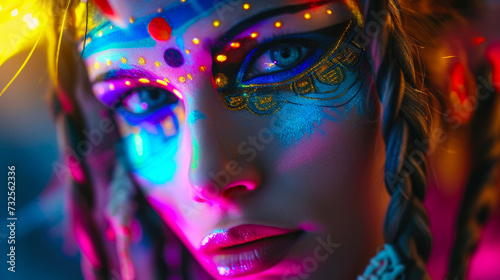 Ethereal Neon Portrait: Woman Adorned with Tribal Facepaint in Cinematic Hue