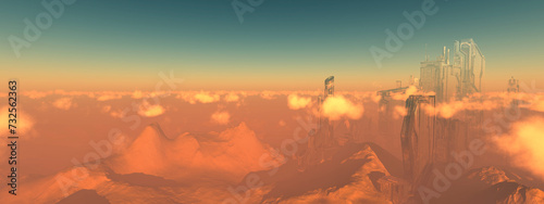 Bild auf Leinwand Skyline of a Mystical City Above the Clouds at Dusk