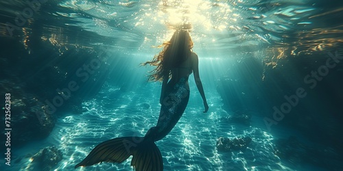 A mermaid swimming underwater with a magnificent tail illuminated by light rays. Concept: magic and mystery of the ocean depths, mythical creatures of the depths photo