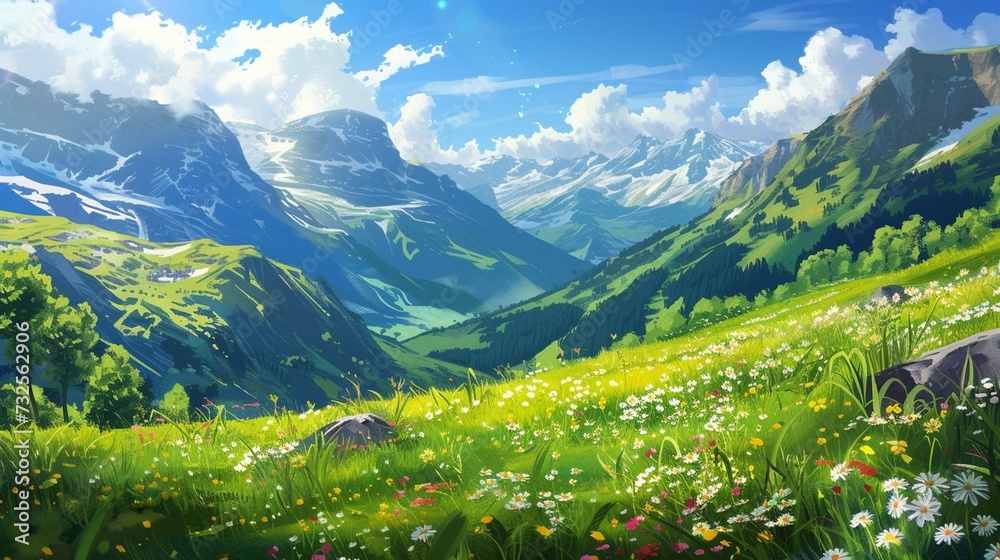 
Idyllic mountain landscape in the Alps with blooming meadows in springtime