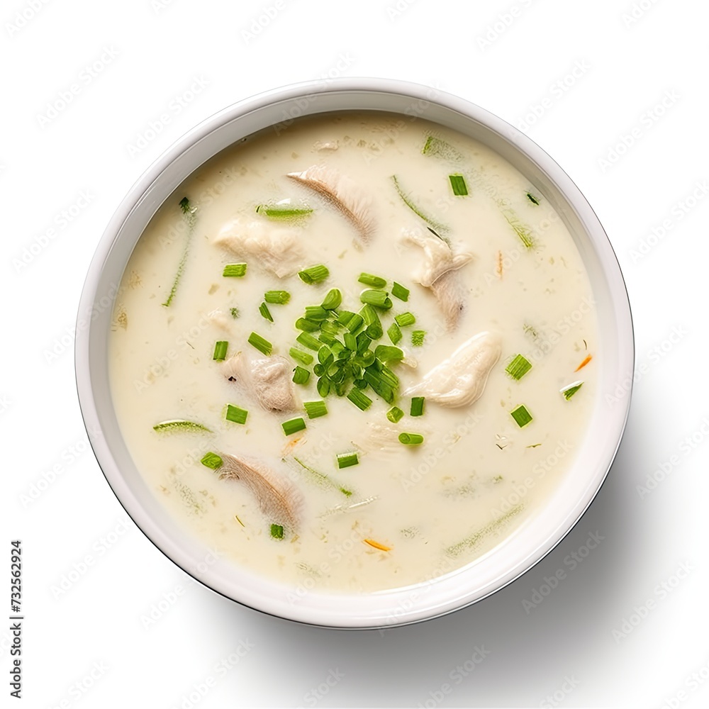 Cream soup with chicken isolated on white background Cream soup with chicken isolated on white background