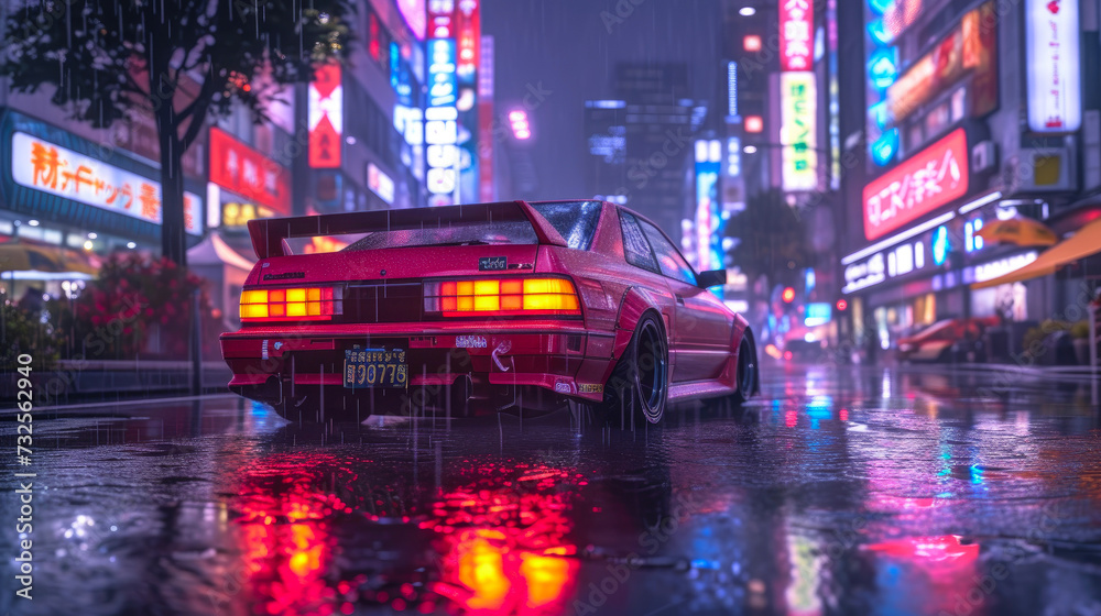 Fototapeta premium Neon Nostalgia: Daylight Illuminates Vintage Japanese Speed