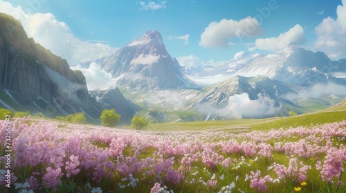  Idyllic mountain landscape in the Alps with blooming meadows in springtime