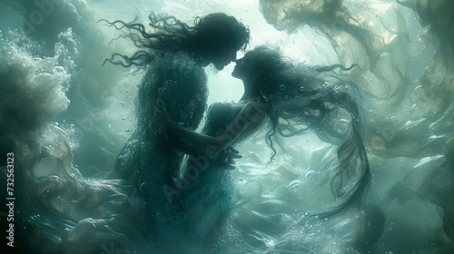 A man and a mermaid embrace underwater surrounded by coral in a dreamy and magical underwater scene. Concept: illustrations about myths and legends or sea adventures and love