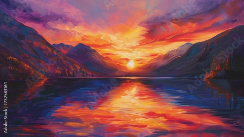 Imagine A breathtaking sunset over a serene mountain lake, with vibrant hues reflecting in the calm waters.