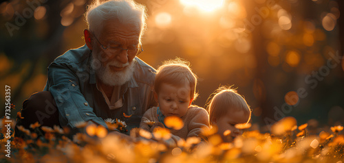 photo of an old grandfather playing with small children in the yard