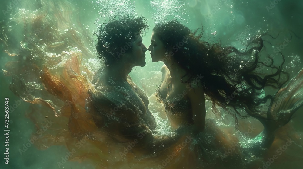 A man and a mermaid embrace underwater surrounded by coral in a dreamy and magical underwater scene.
Concept: illustrations about myths and legends or sea adventures and love