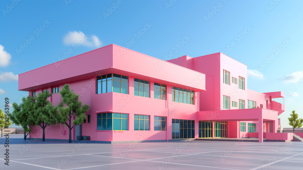 Naklejka premium Charming Pink School Amidst Azure Skies