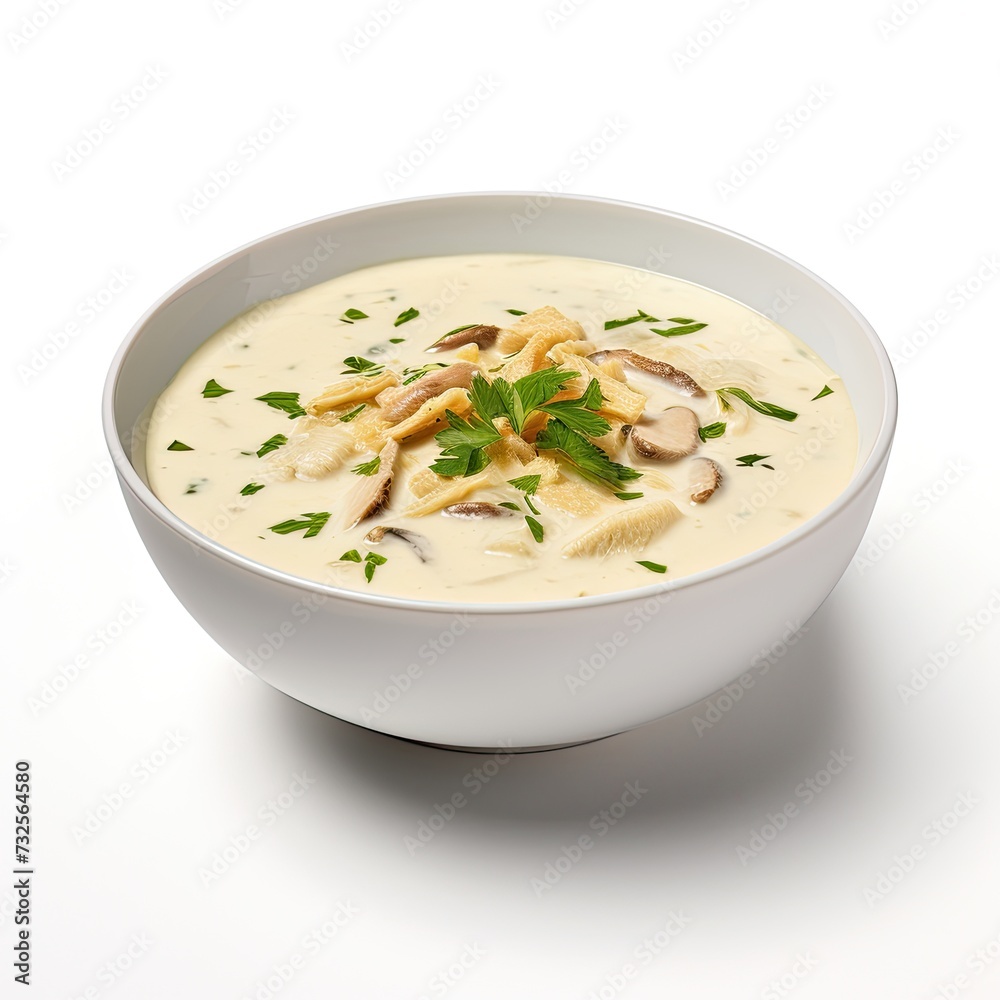 Cream soup with chicken isolated on white background Cream soup with chicken isolated on white background