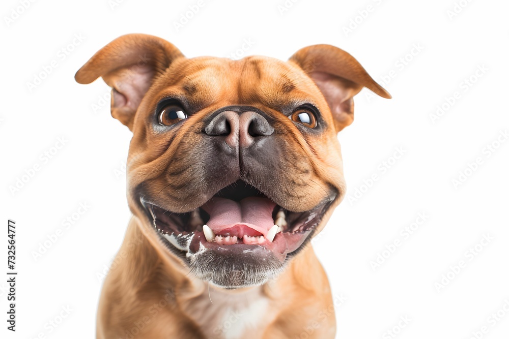 Wide-angle shot of a joyful French Bulldog laughing with a big smile, tongue out, isolated on a white background.