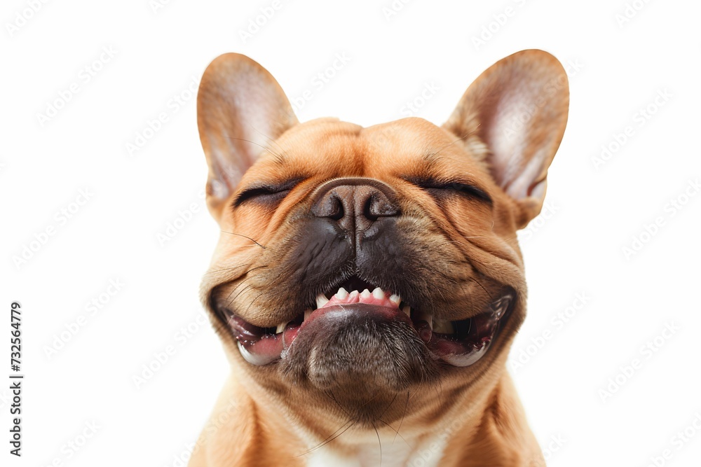 A wide-angle view captures the exuberance of a cheerful French Bulldog, its wide smile and tongue outstretched in laughter, set against a pristine white backdrop.