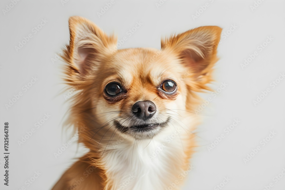 A close-up shot showcases the intricate features of a golden Chihuahua, its large ears alert and eyes brimming with expression against a gentle backdrop