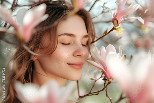 A beautiful young woman stands against a backdrop of delicate spring magnolia flowers