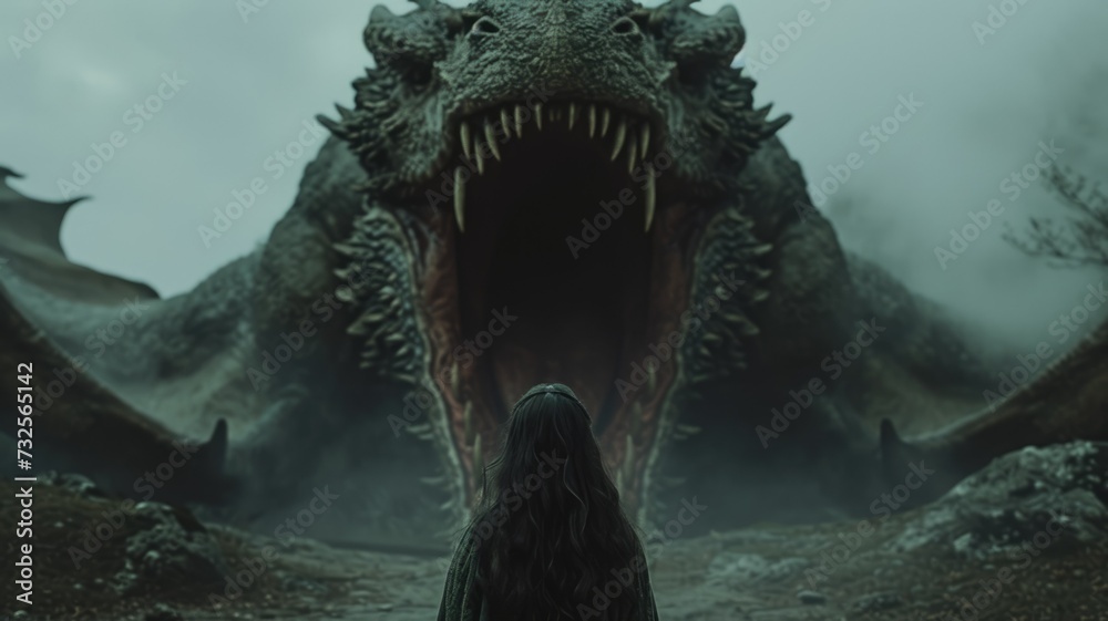 Colossal dragon with dark rugged scales and sharp teeth. Fantasy theme. Dragon's mouth wide open roaring or preparing unleash fiery breath. Princess encounter with scary creature. Epic fairytale scene Colossal dragon with dark rugged scales and sharp teeth. Fantasy theme. Dragon's mouth wide open roaring or preparing unleash fiery breath. Princess encounter with scary creature. Epic fairytale scene