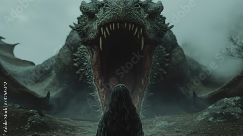 Colossal dragon with dark rugged scales and sharp teeth. Fantasy theme. Dragon's mouth wide open roaring or preparing unleash fiery breath. Princess encounter with scary creature. Epic fairytale scene photo