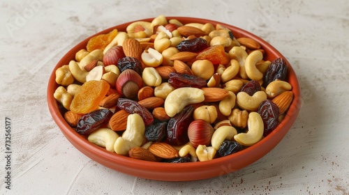  Mixed nuts and dried fruits in a plate on a light concrete background. 